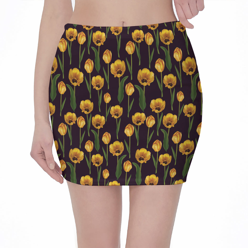 Yellow Tulip Flower Pattern Print Pencil Mini Skirt