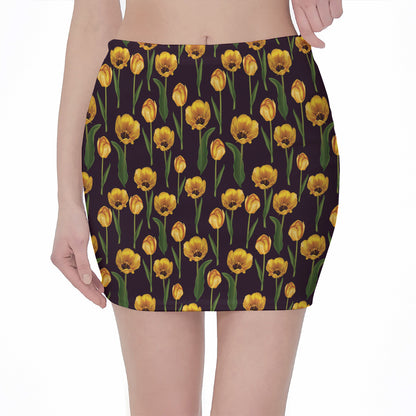 Yellow Tulip Flower Pattern Print Pencil Mini Skirt