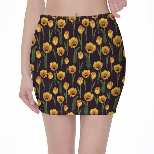 Yellow Tulip Flower Pattern Print Pencil Mini Skirt