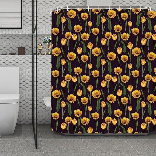 Yellow Tulip Flower Pattern Print Polyester Shower Curtain