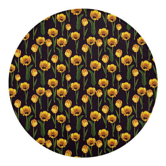 Yellow Tulip Flower Pattern Print Round Blanket