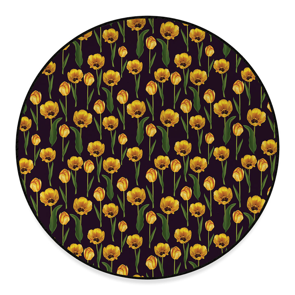 Yellow Tulip Flower Pattern Print Round Floor Mat