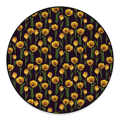 Yellow Tulip Flower Pattern Print Round Floor Mat