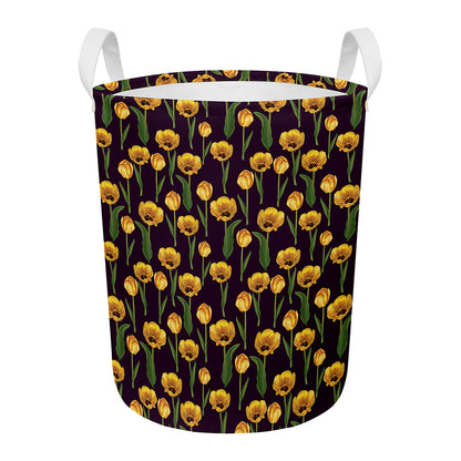 Yellow Tulip Flower Pattern Print Round Laundry Basket