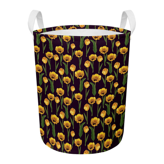 Yellow Tulip Flower Pattern Print Round Laundry Basket