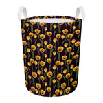 Yellow Tulip Flower Pattern Print Round Laundry Basket