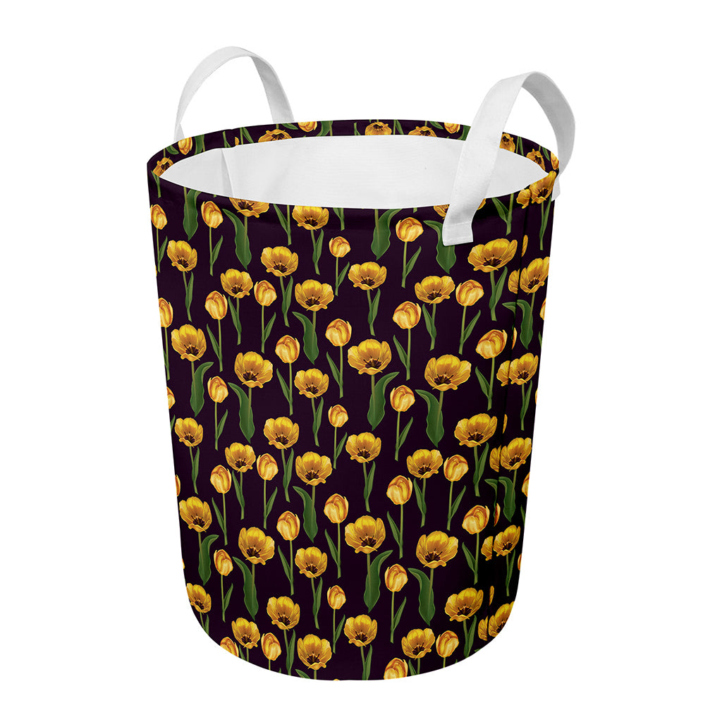 Yellow Tulip Flower Pattern Print Round Laundry Basket