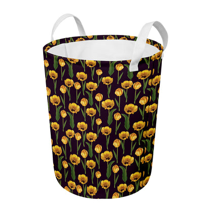 Yellow Tulip Flower Pattern Print Round Laundry Basket