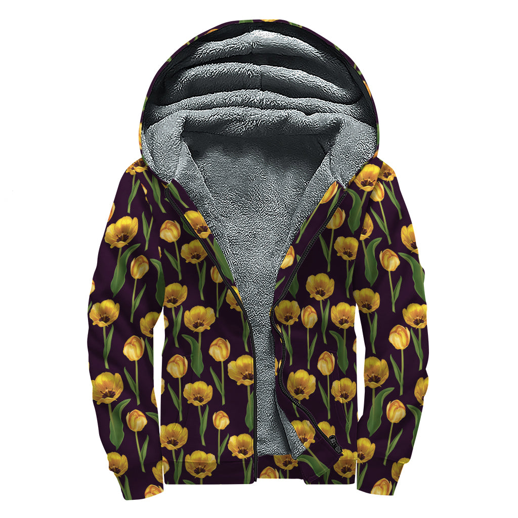 Yellow Tulip Flower Pattern Print Sherpa Lined Zip Up Hoodie