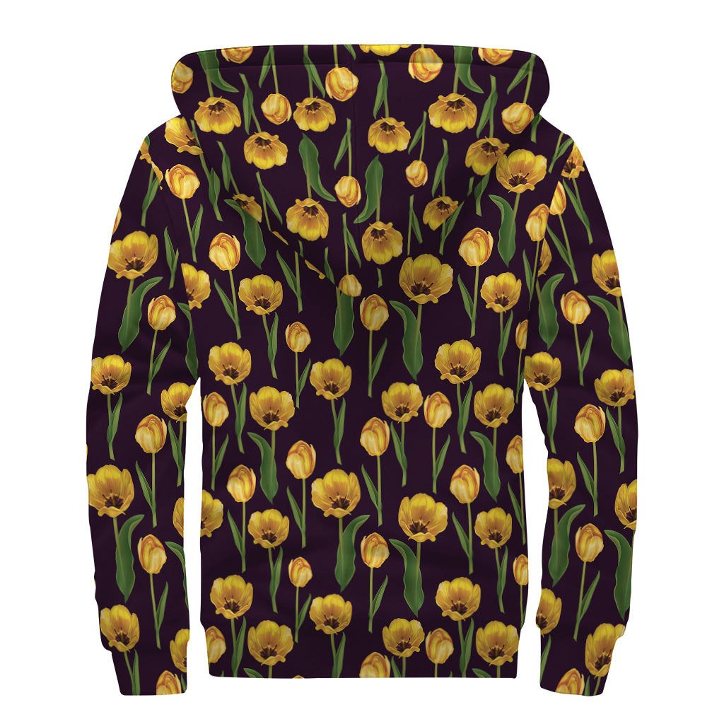Yellow Tulip Flower Pattern Print Sherpa Lined Zip Up Hoodie