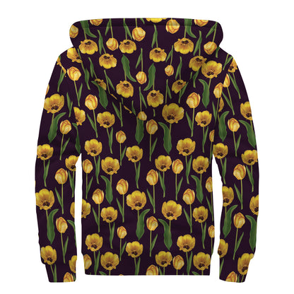 Yellow Tulip Flower Pattern Print Sherpa Lined Zip Up Hoodie