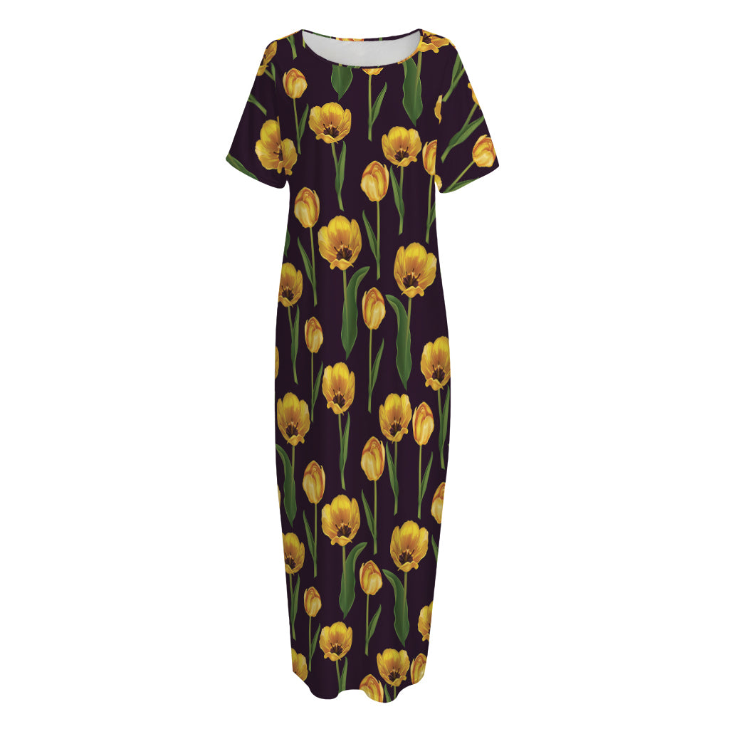 Yellow Tulip Flower Pattern Print Short Sleeve Long Nightdress