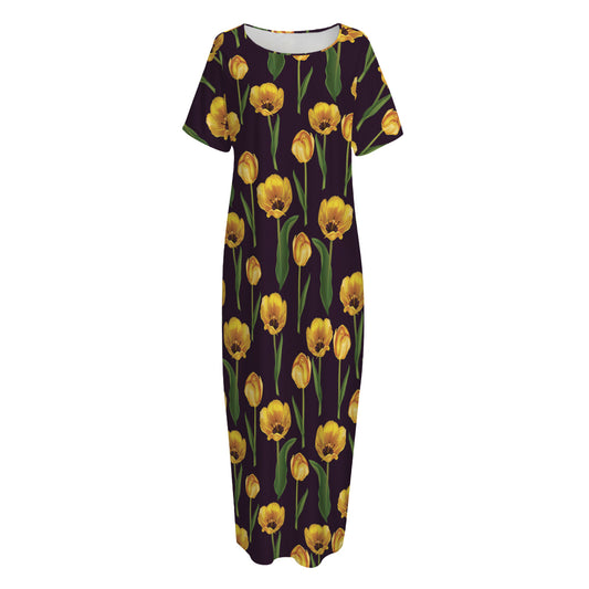 Yellow Tulip Flower Pattern Print Short Sleeve Long Nightdress