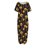 Yellow Tulip Flower Pattern Print Short Sleeve Long Nightdress