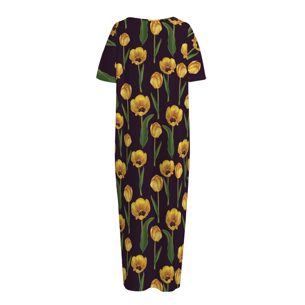 Yellow Tulip Flower Pattern Print Short Sleeve Long Nightdress