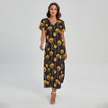 Yellow Tulip Flower Pattern Print Short Sleeve Maxi Dress