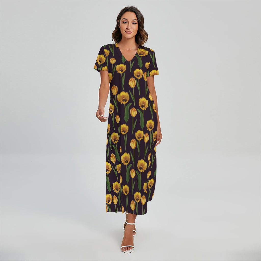 Yellow Tulip Flower Pattern Print Short Sleeve Maxi Dress