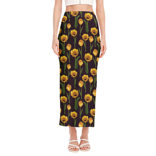 Yellow Tulip Flower Pattern Print Side Slit Maxi Skirt