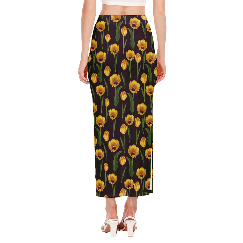 Yellow Tulip Flower Pattern Print Side Slit Maxi Skirt