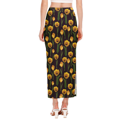 Yellow Tulip Flower Pattern Print Side Slit Maxi Skirt