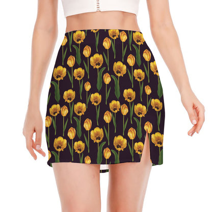Yellow Tulip Flower Pattern Print Side Slit Mini Skirt