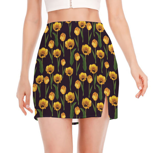 Yellow Tulip Flower Pattern Print Side Slit Mini Skirt