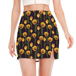 Yellow Tulip Flower Pattern Print Side Slit Mini Skirt