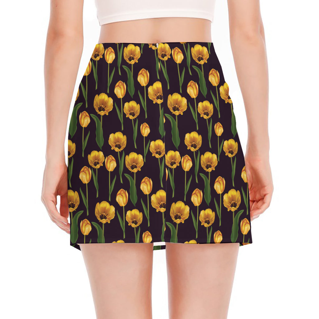 Yellow Tulip Flower Pattern Print Side Slit Mini Skirt
