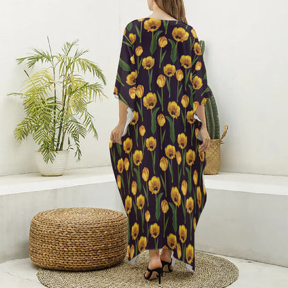 Yellow Tulip Flower Pattern Print Silk V-Neck Kaftan Dress