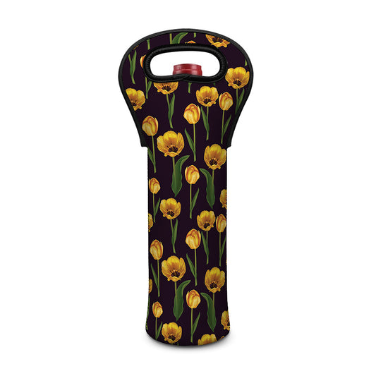 Yellow Tulip Flower Pattern Print Single Neoprene Wine Tote