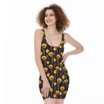 Yellow Tulip Flower Pattern Print Sleeveless Bodycon Dress