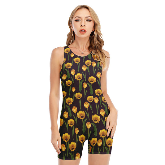 Yellow Tulip Flower Pattern Print Sleeveless One Piece Swimsuit