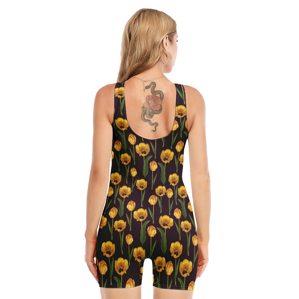 Yellow Tulip Flower Pattern Print Sleeveless One Piece Swimsuit