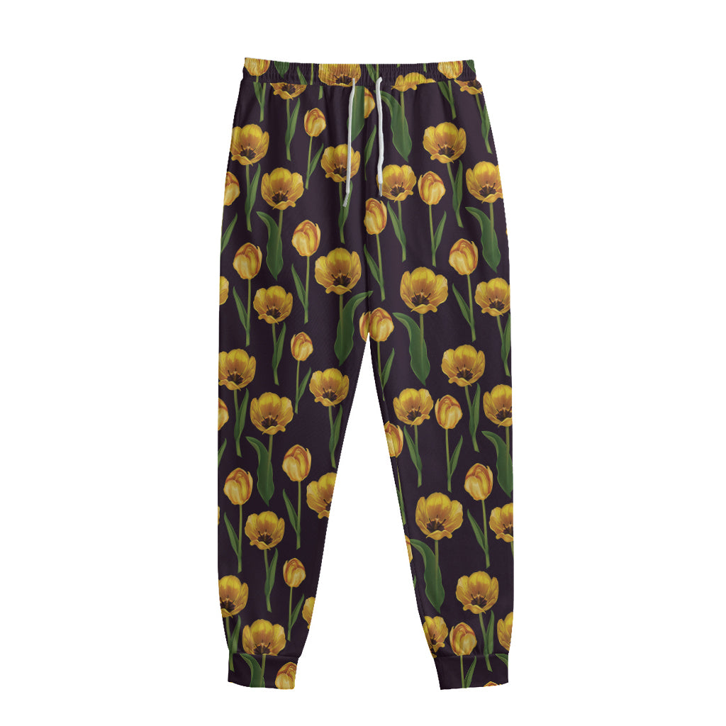 Yellow Tulip Flower Pattern Print Sweatpants