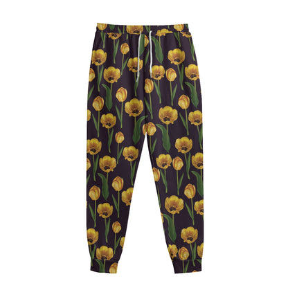 Yellow Tulip Flower Pattern Print Sweatpants