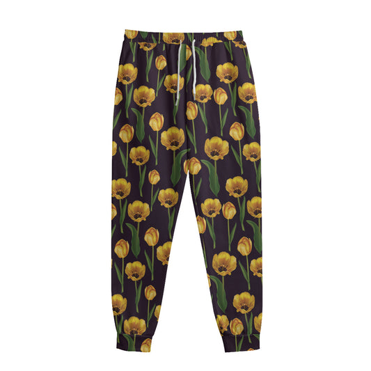 Yellow Tulip Flower Pattern Print Sweatpants