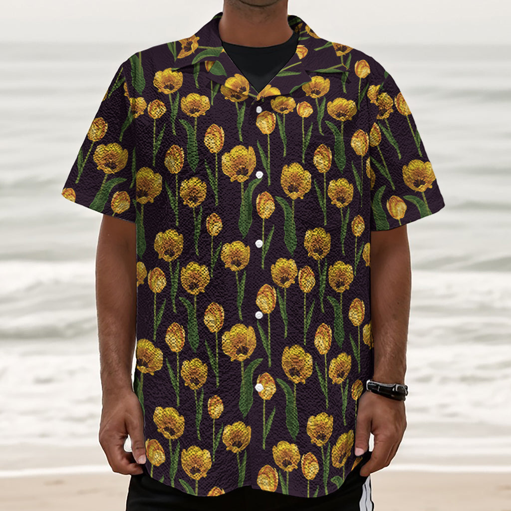 Yellow Tulip Flower Pattern Print Textured Short Sleeve Shirt