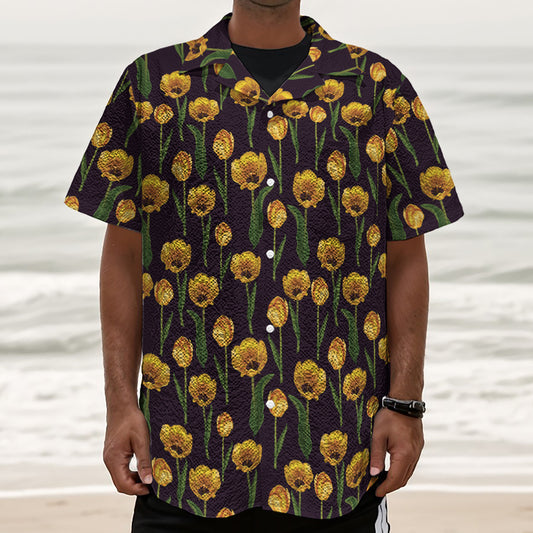Yellow Tulip Flower Pattern Print Textured Short Sleeve Shirt