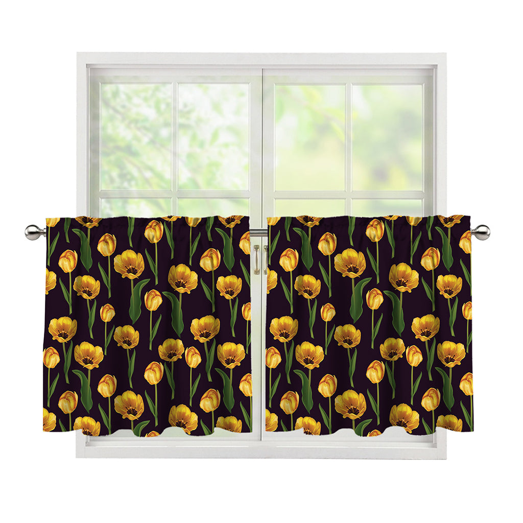 Yellow Tulip Flower Pattern Print Tier Curtains