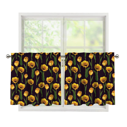 Yellow Tulip Flower Pattern Print Tier Curtains