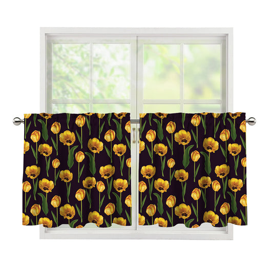 Yellow Tulip Flower Pattern Print Tier Curtains