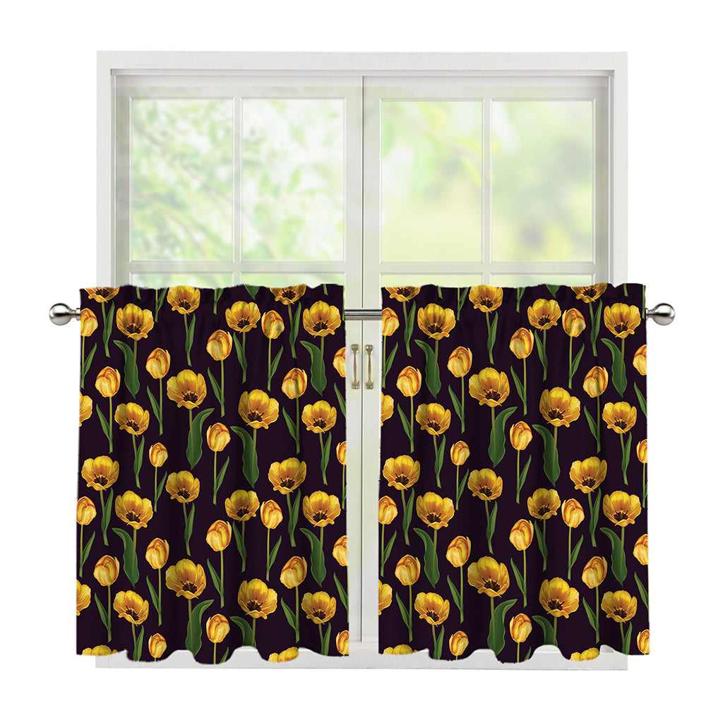 Yellow Tulip Flower Pattern Print Tier Curtains