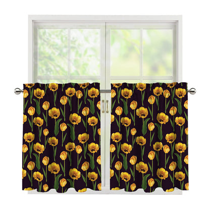 Yellow Tulip Flower Pattern Print Tier Curtains