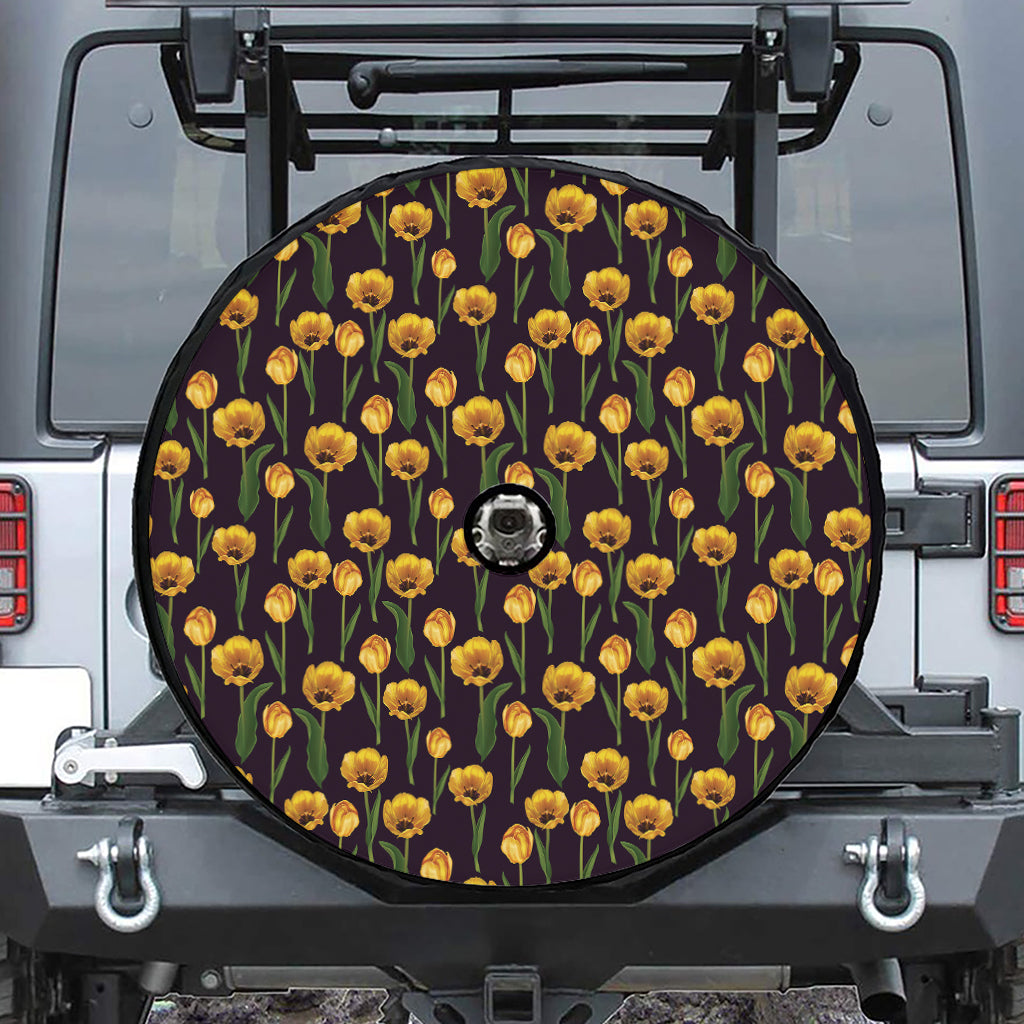 Yellow Tulip Flower Pattern Print Tire Cover With Camera Hole