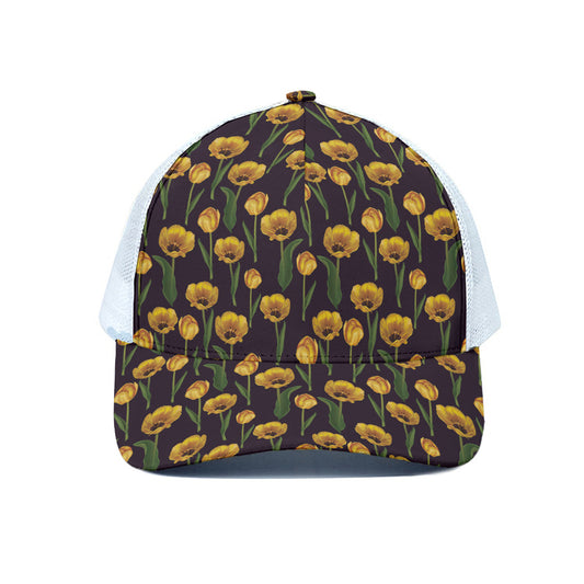 Yellow Tulip Flower Pattern Print White Mesh Trucker Cap