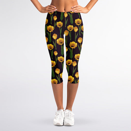 Yellow Tulip Flower Pattern Print Women's Capri Leggings