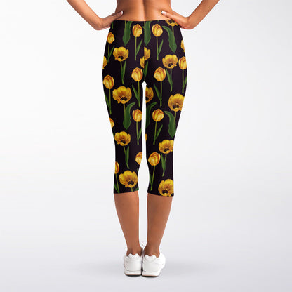 Yellow Tulip Flower Pattern Print Women's Capri Leggings