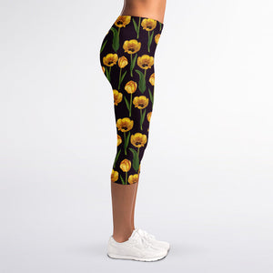 Yellow Tulip Flower Pattern Print Women's Capri Leggings