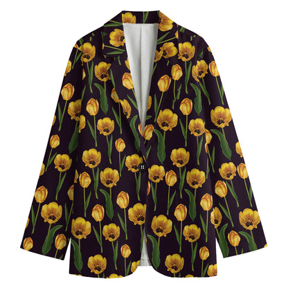 Yellow Tulip Flower Pattern Print Women's Cotton Blazer