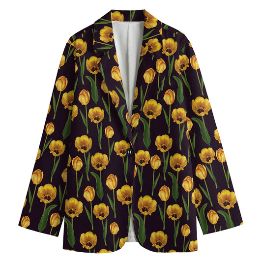 Yellow Tulip Flower Pattern Print Women's Cotton Blazer